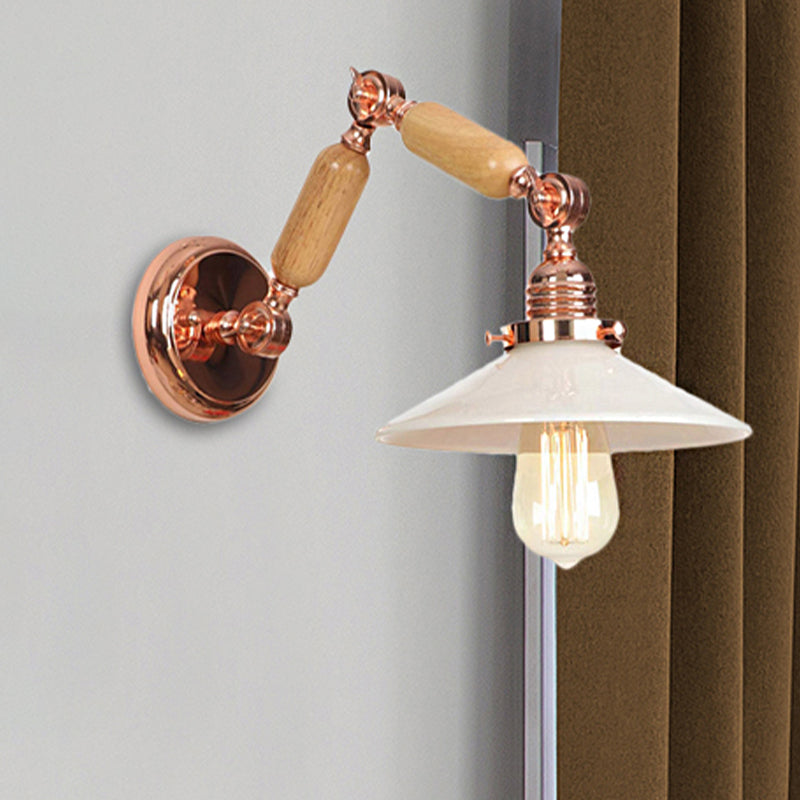 Rynx | White glass conical wall lamp industrial 1 light living room lighting fixture with retractable arm