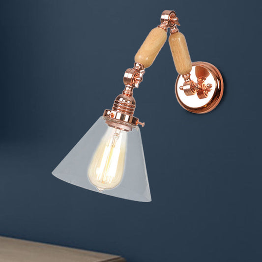 Rynx | Cone Shade Bedroom Wall Lamp Vintage Clear Glass 1 Light Wooden Wall Lamp with Long Arm