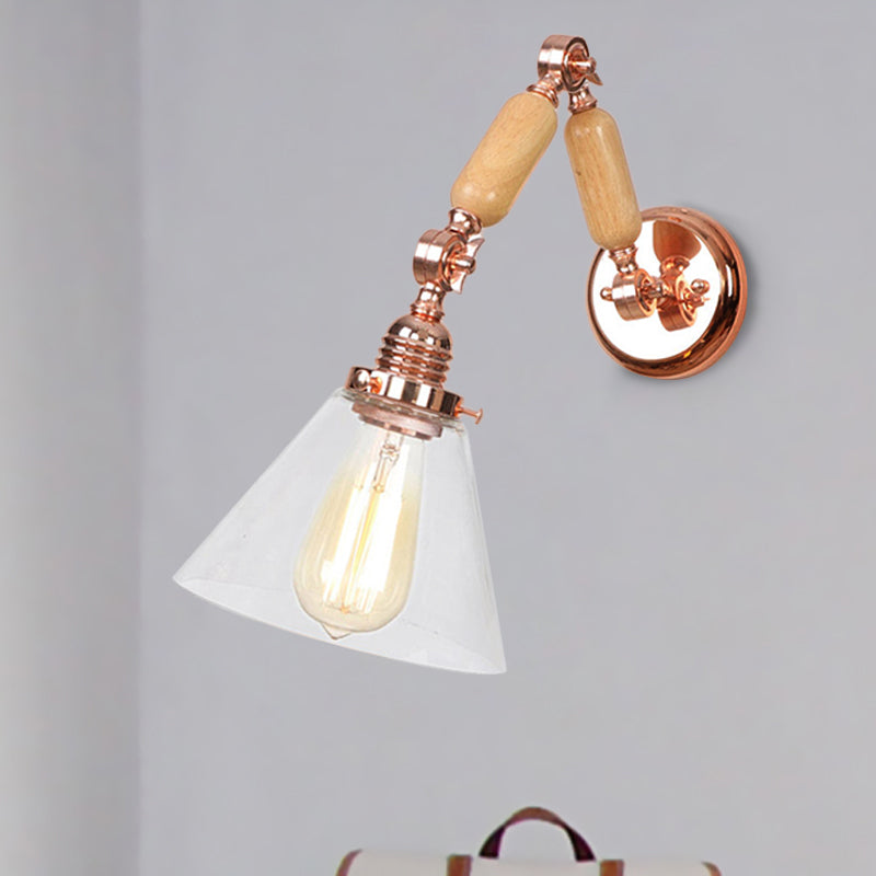 Rynx | Cone Shade Bedroom Wall Lamp Vintage Clear Glass 1 Light Wooden Wall Lamp with Long Arm