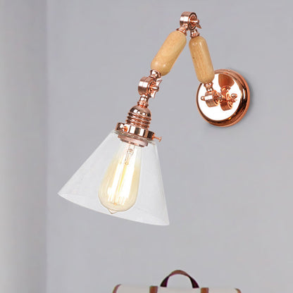 Rynx | Cone Shade Bedroom Wall Lamp Vintage Clear Glass 1 Light Wooden Wall Lamp with Long Arm
