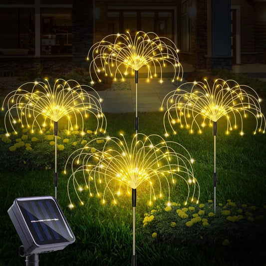 Rynx | Outdoor sunlight, Solar firework lights, 4 pack solar garden lights with 120 LED hedge star lights 8 modes patio fairy lights for pathway lawn backyard decoration (Warm white)