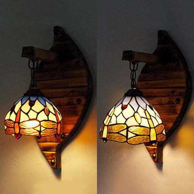 Rynx | Vintage Arched Wall Lamp Stained Glass 1 Light Hanging Wall Light with Dragonfly Pattern in Purple/Blue