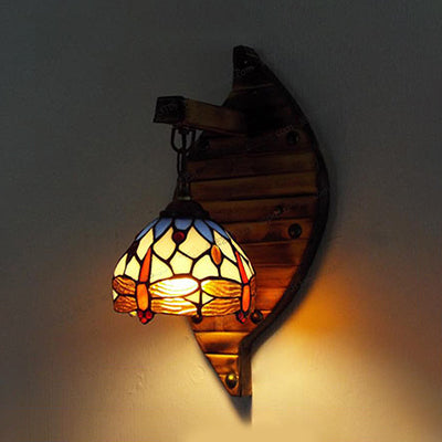 Rynx | Vintage Arched Wall Lamp Stained Glass 1 Light Hanging Wall Light with Dragonfly Pattern in Purple/Blue