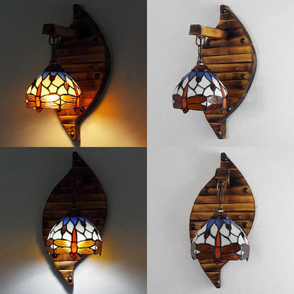 Rynx | Vintage Arched Wall Lamp Stained Glass 1 Light Hanging Wall Light with Dragonfly Pattern in Purple/Blue
