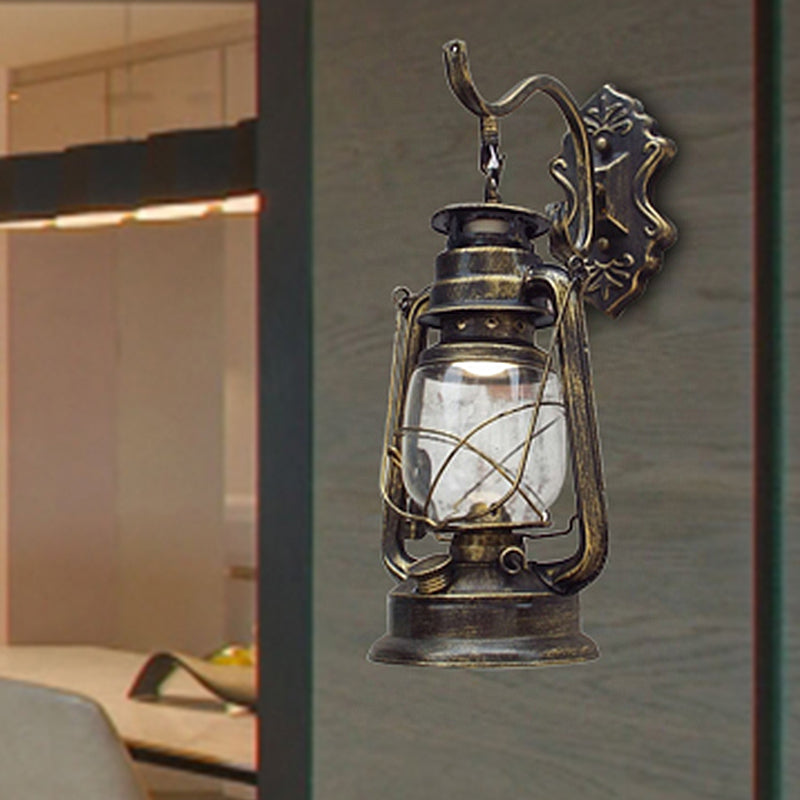 Rynx | Clear Glass Black/Antique Brass Wall Lamp Lantern 1-Light Coastal Light for Veranda