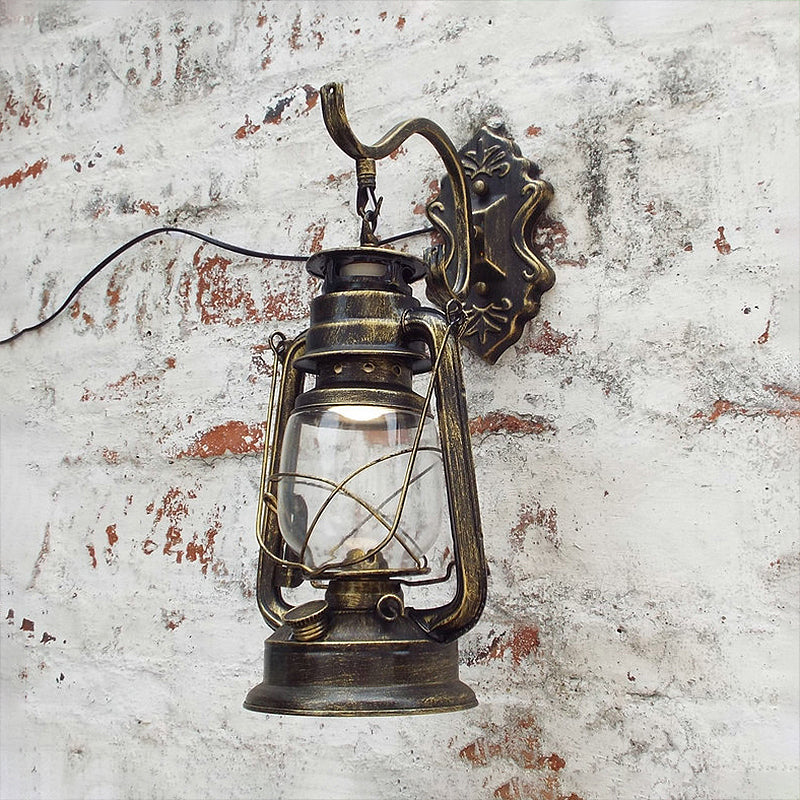 Rynx | Clear Glass Black/Antique Brass Wall Lamp Lantern 1-Light Coastal Light for Veranda