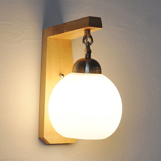 Rynx | Opal Glass Globe Shade Wall Lamp Industrial 1 Light Bedroom Lighting Fixture with Wooden Back Plate