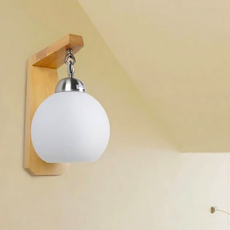 Rynx | Opal Glass Globe Shade Wall Lamp Industrial 1 Light Bedroom Lighting Fixture with Wooden Back Plate