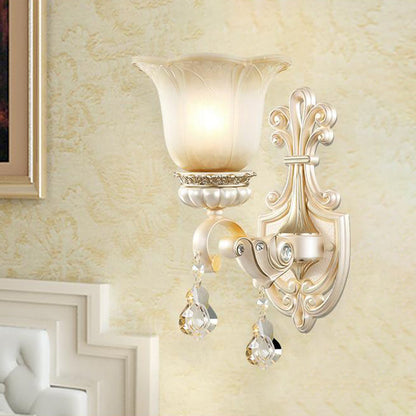 Rynx | Flowers White Glass Wall Mounted Light Traditional 1/2 Lights Hall Wall Lamp with Crystal Drops