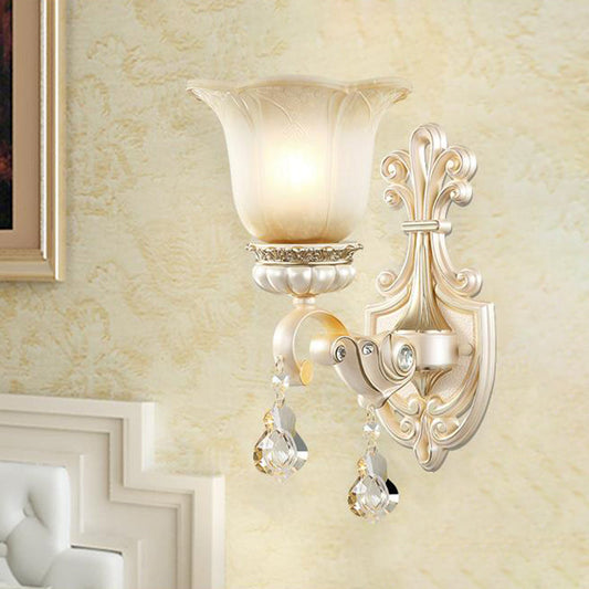 Rynx | Flowers White Glass Wall Mounted Light Traditional 1/2 Lights Hall Wall Lamp with Crystal Drops