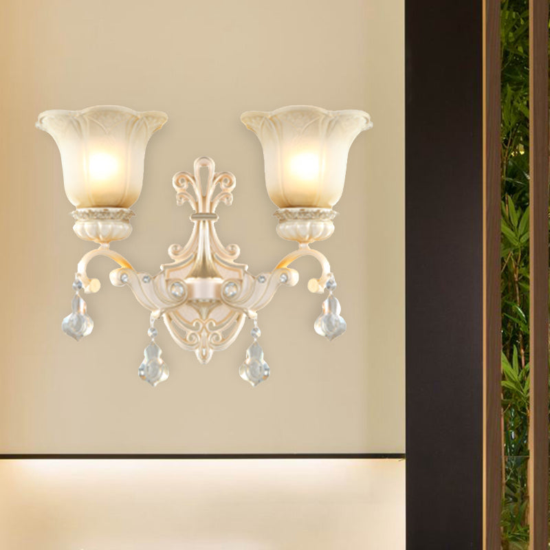 Rynx | Flowers White Glass Wall Mounted Light Traditional 1/2 Lights Hall Wall Lamp with Crystal Drops