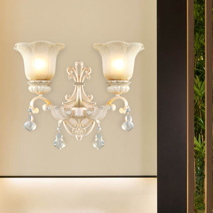 Rynx | Flowers White Glass Wall Mounted Light Traditional 1/2 Lights Hall Wall Lamp with Crystal Drops