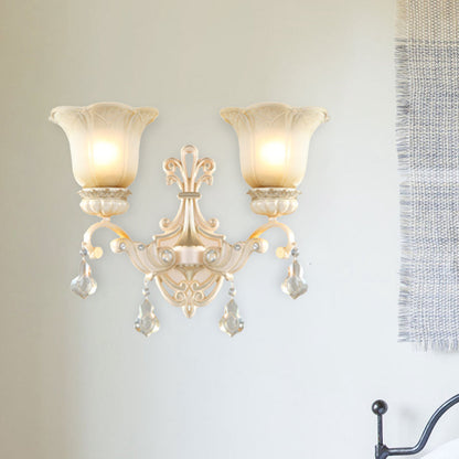 Rynx | Flowers White Glass Wall Mounted Light Traditional 1/2 Lights Hall Wall Lamp with Crystal Drops
