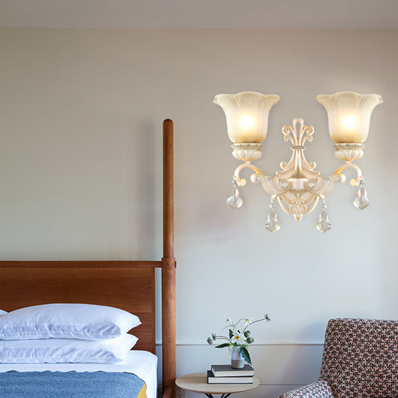 Rynx | Flowers White Glass Wall Mounted Light Traditional 1/2 Lights Hall Wall Lamp with Crystal Drops