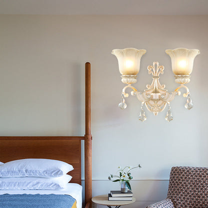 Rynx | Flowers White Glass Wall Mounted Light Traditional 1/2 Lights Hall Wall Lamp with Crystal Drops