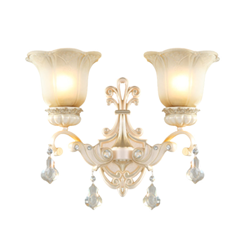 Rynx | Flowers White Glass Wall Mounted Light Traditional 1/2 Lights Hall Wall Lamp with Crystal Drops
