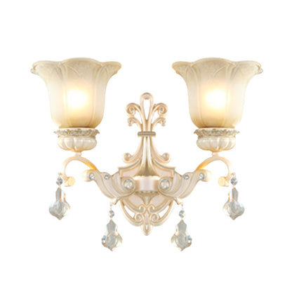 Rynx | Flowers White Glass Wall Mounted Light Traditional 1/2 Lights Hall Wall Lamp with Crystal Drops