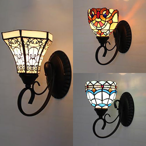 Rynx | Colorful Wall Lamp Lodge Stained Glass 1 Light Wall Lamp Fixture in White/Brown/Blue for Corridor