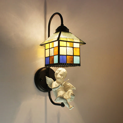 Rynx | House Stained Glass Wall Light Baroque 1 Head Black Wall Mounted Lamp with Boy/Bird/Angel Decoration