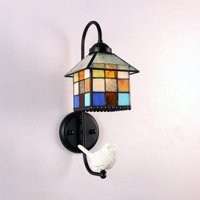 Rynx | House Stained Glass Wall Light Baroque 1 Head Black Wall Mounted Lamp with Boy/Bird/Angel Decoration