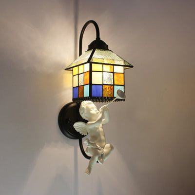 Rynx | House Stained Glass Wall Light Baroque 1 Head Black Wall Mounted Lamp with Boy/Bird/Angel Decoration