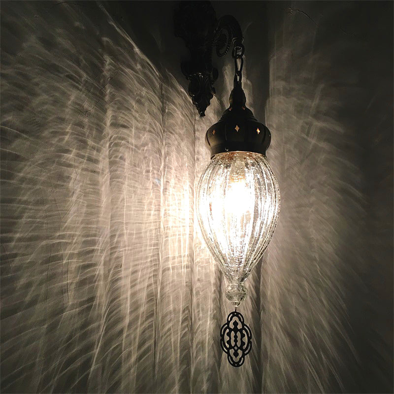 Rynx | Traditional Drop Wall Lamp Black/White/Light Blue Glass 1 Head Wall Mounted Lamp with Engraved Metal Arm