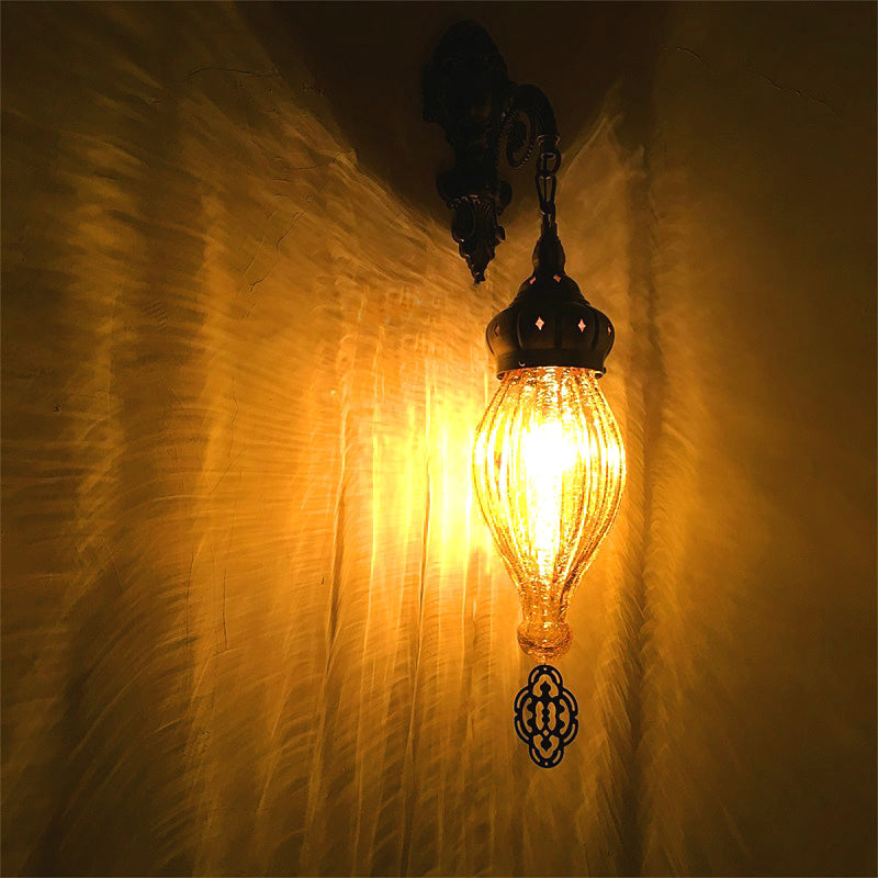 Rynx | Traditional Drop Wall Lamp Black/White/Light Blue Glass 1 Head Wall Mounted Lamp with Engraved Metal Arm