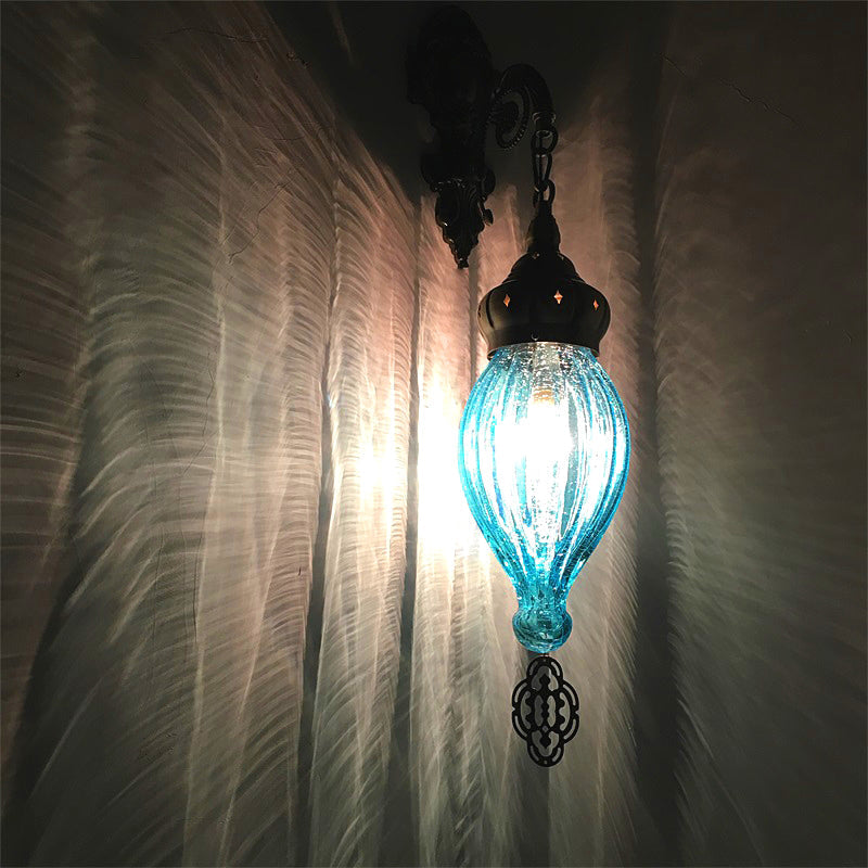 Rynx | Traditional Drop Wall Lamp Black/White/Light Blue Glass 1 Head Wall Mounted Lamp with Engraved Metal Arm