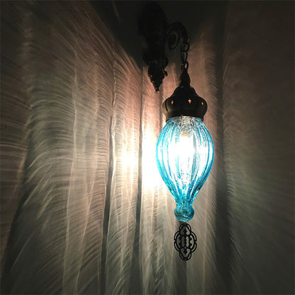 Rynx | Traditional Drop Wall Lamp Black/White/Light Blue Glass 1 Head Wall Mounted Lamp with Engraved Metal Arm