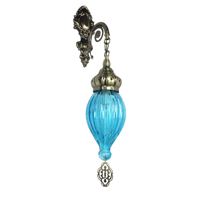 Rynx | Traditional Drop Wall Lamp Black/White/Light Blue Glass 1 Head Wall Mounted Lamp with Engraved Metal Arm