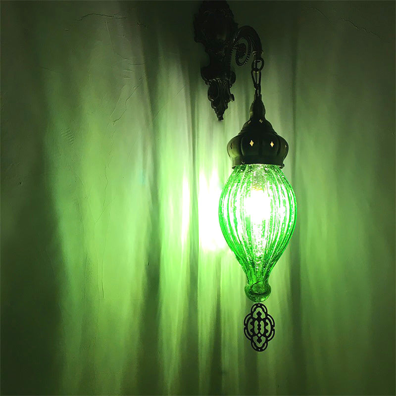 Rynx | Traditional Drop Wall Lamp Black/White/Light Blue Glass 1 Head Wall Mounted Lamp with Engraved Metal Arm