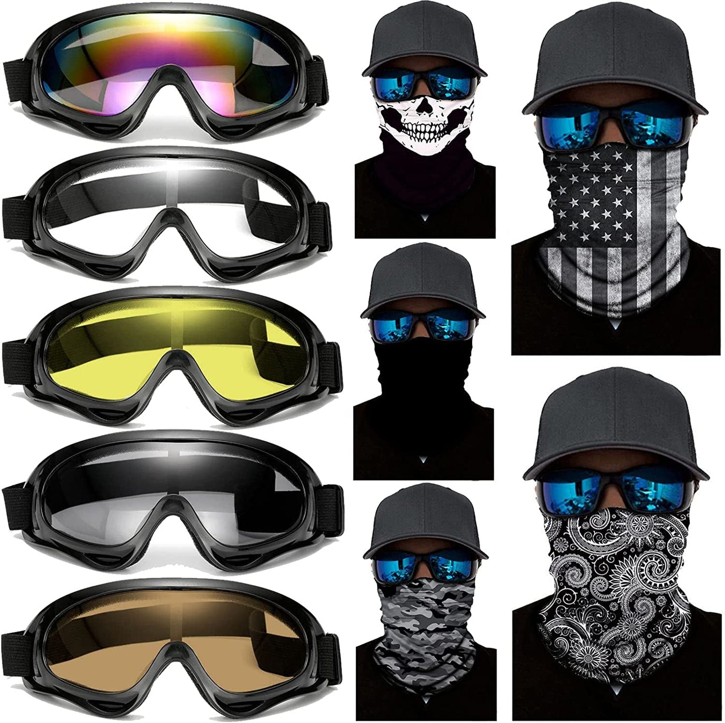 Rynx | 10 Packs Motorcycle Accessories, 5PCS Dirt Bike Ski Goggles Dustproof Windproof Safety Glasses and 5PCS Face Masks