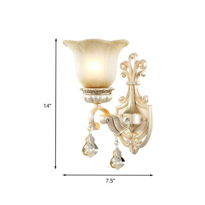 Rynx | Flowers White Glass Wall Mounted Light Traditional 1/2 Lights Hall Wall Lamp with Crystal Drops