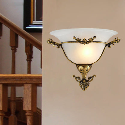 Rynx | Single Bulb Flush Mount Traditional Curved Milk Glass Wall Light in Brass for the Living Room