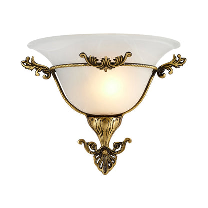 Rynx | Single Bulb Flush Mount Traditional Curved Milk Glass Wall Light in Brass for the Living Room