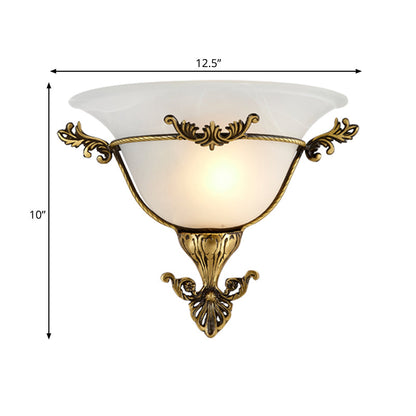 Rynx | Single Bulb Flush Mount Traditional Curved Milk Glass Wall Light in Brass for the Living Room