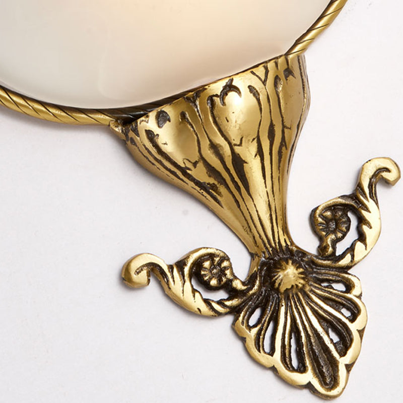 Rynx | Single Bulb Flush Mount Traditional Curved Milk Glass Wall Light in Brass for the Living Room