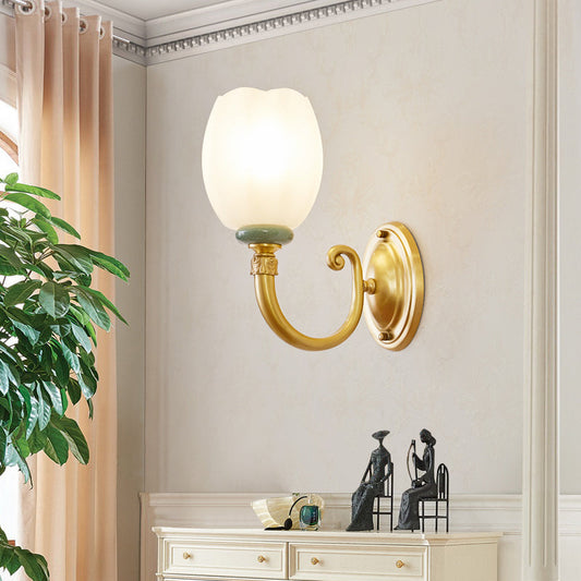 Rynx | Opaline Glass Flower Wall Lamp Vintage Style 1/2-Light Living Room Wall Light Fixture in Brass