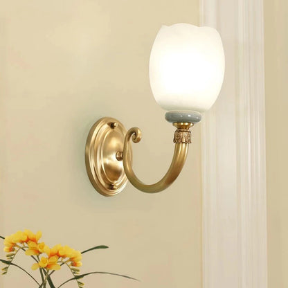 Rynx | Opaline Glass Flower Wall Lamp Vintage Style 1/2-Light Living Room Wall Light Fixture in Brass