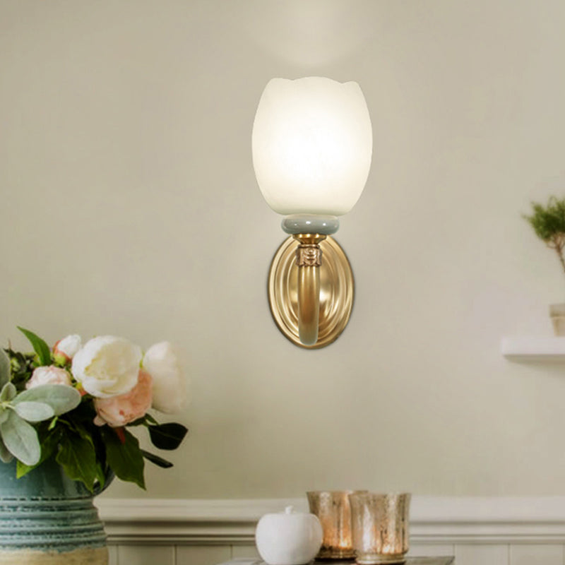Rynx | Opaline Glass Flower Wall Lamp Vintage Style 1/2-Light Living Room Wall Light Fixture in Brass
