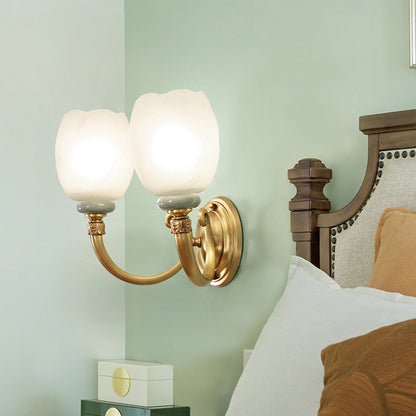 Rynx | Opaline Glass Flower Wall Lamp Vintage Style 1/2-Light Living Room Wall Light Fixture in Brass