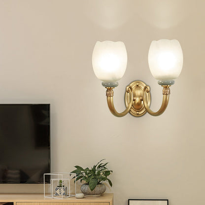 Rynx | Opaline Glass Flower Wall Lamp Vintage Style 1/2-Light Living Room Wall Light Fixture in Brass