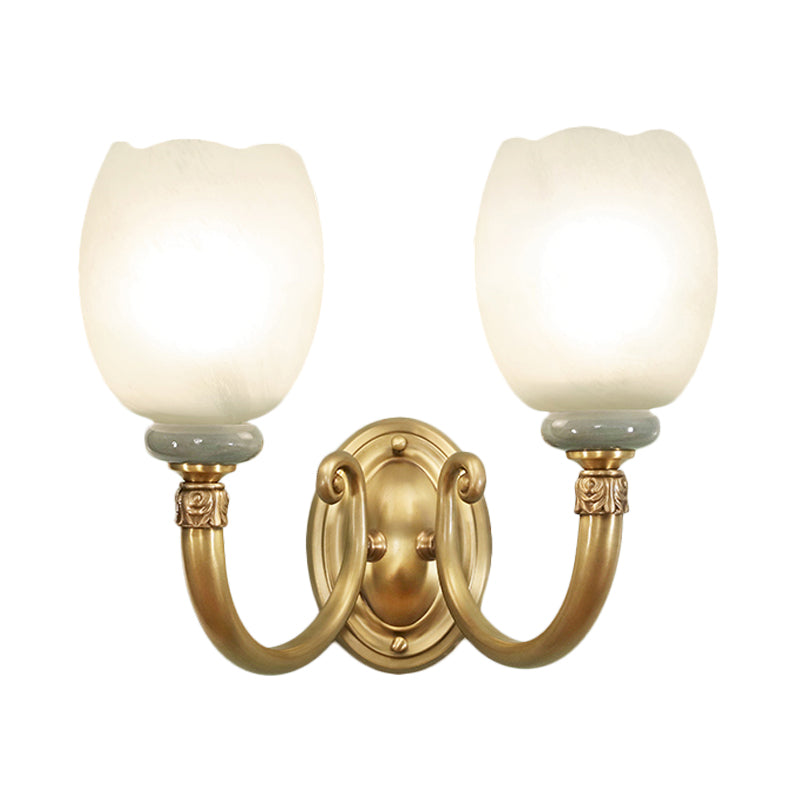 Rynx | Opaline Glass Flower Wall Lamp Vintage Style 1/2-Light Living Room Wall Light Fixture in Brass