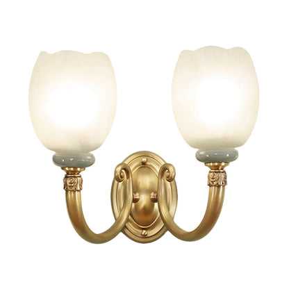 Rynx | Opaline Glass Flower Wall Lamp Vintage Style 1/2-Light Living Room Wall Light Fixture in Brass