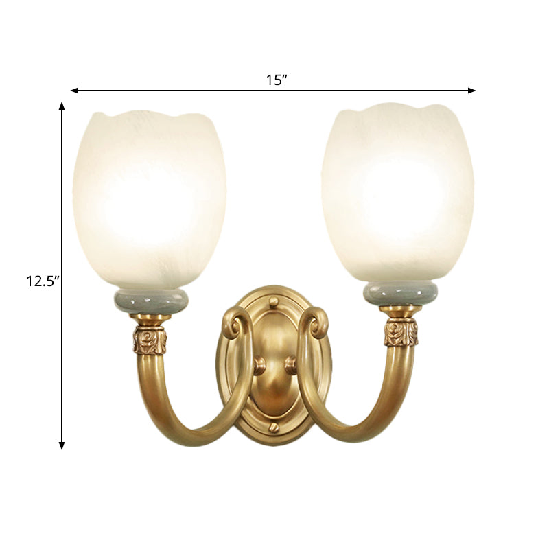 Rynx | Opaline Glass Flower Wall Lamp Vintage Style 1/2-Light Living Room Wall Light Fixture in Brass
