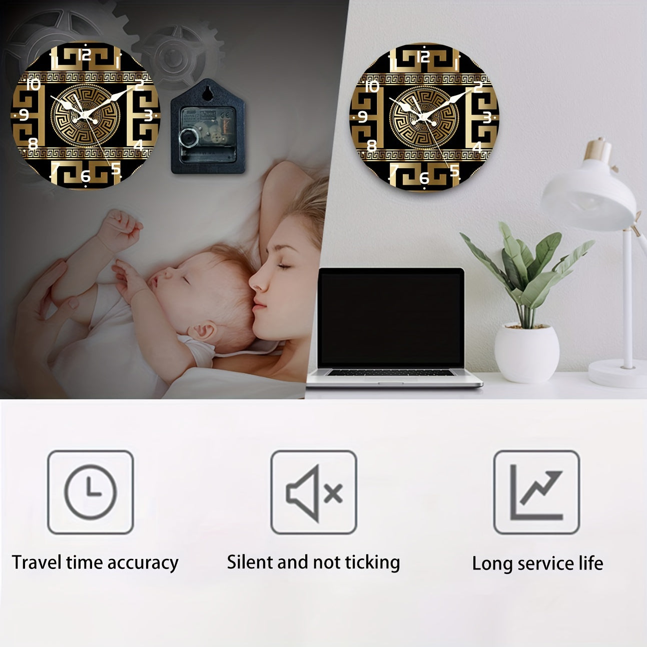 Rynx | Silent Non-Ticking Wooden Wall Clock - Greek Key Design, Quartz Mechanism