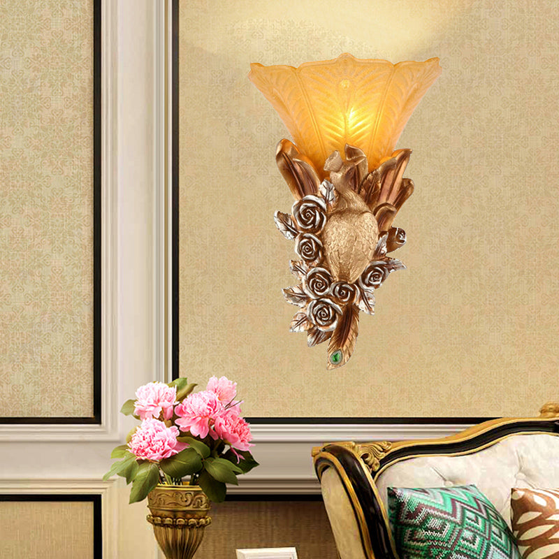 Rynx | Weatherproof Morning Glory Wall Lamp Colonial Style Embossed Glass 1 Light Outdoor Wall Lighting in Gold