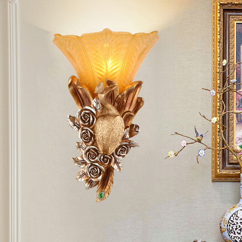 Rynx | Weatherproof Morning Glory Wall Lamp Colonial Style Embossed Glass 1 Light Outdoor Wall Lighting in Gold