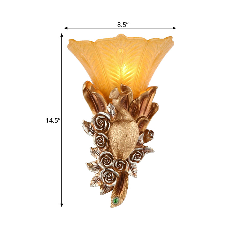 Rynx | Weatherproof Morning Glory Wall Lamp Colonial Style Embossed Glass 1 Light Outdoor Wall Lighting in Gold