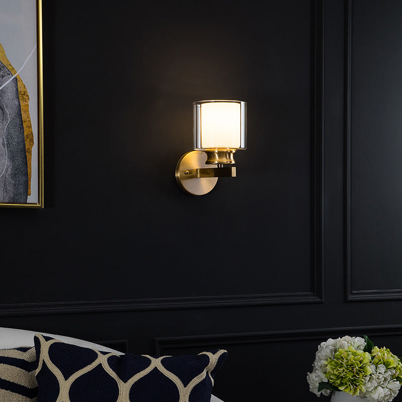 Rynx | Modern Style Cylindrical Wall Light 1 Light Clear and White Glass Wall Mount Lamp in Brass for Bedroom